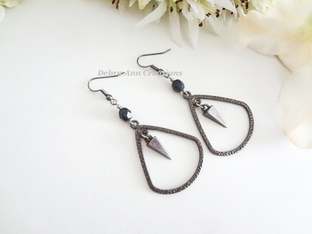 Thumbnail: Hammered Gunmetal Long Triangle Teardrop Spike Earrings FSER7009