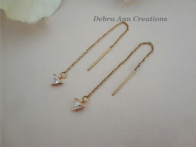 Thumbnail: Gold Threader Earrings with CZ Triangle Dangle