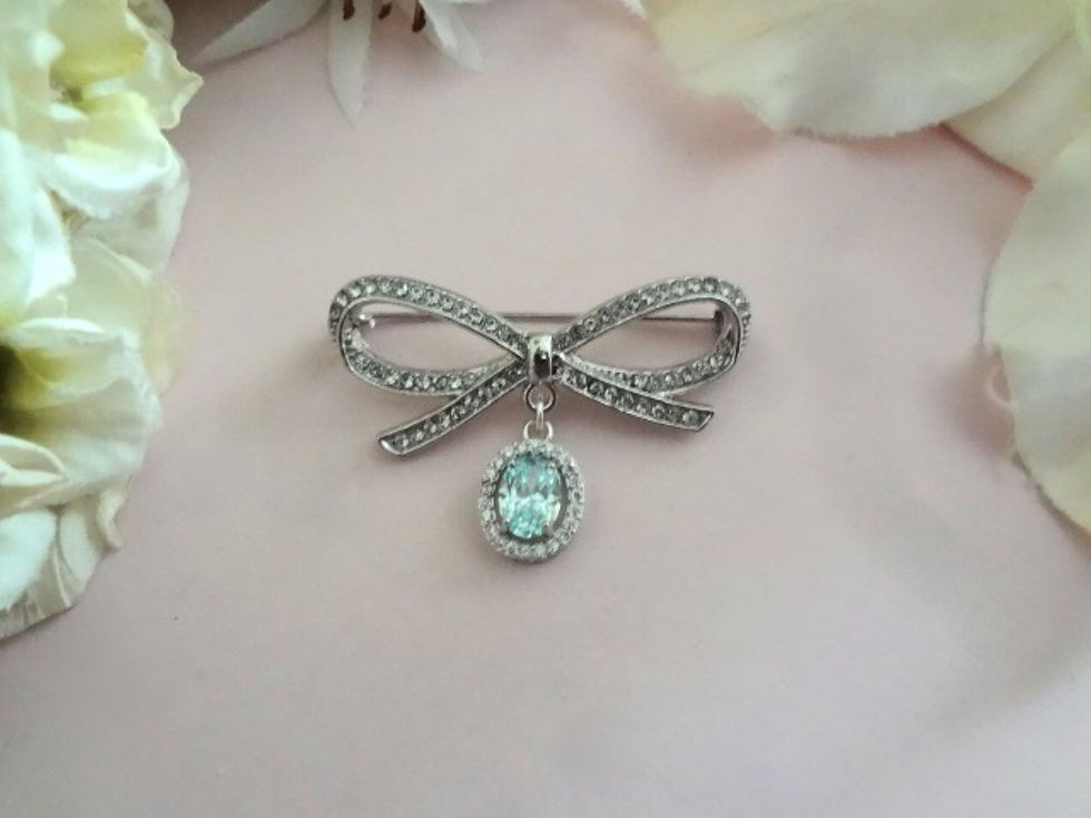 Bridal Bouquet Charm with light blue oval crystal surrounded by smaller cz crystal dangling from a silver rhinestone bow