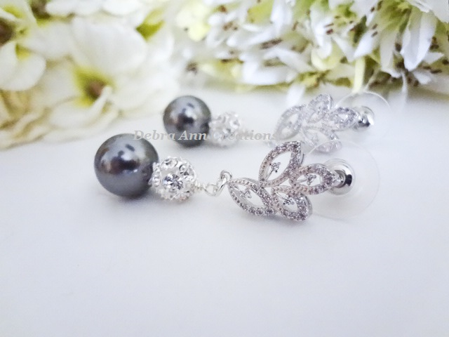 Thumbnail: Grey Pearl and Crystal Pave Formal Drop Earrings BRER4011
