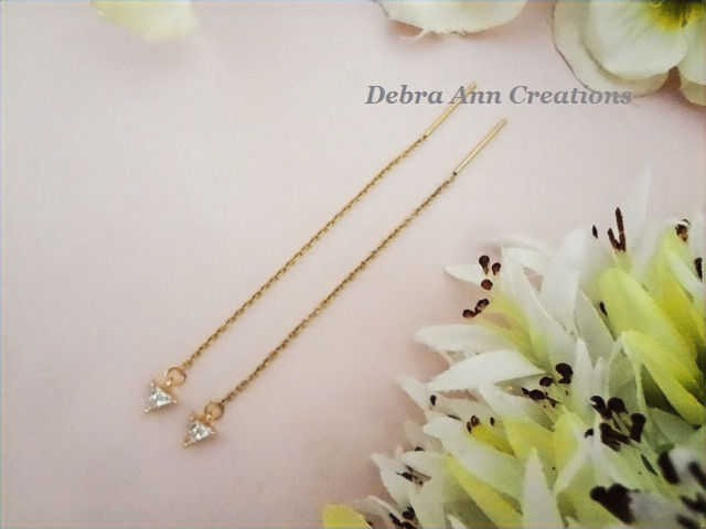 Thumbnail: Gold Threader Earrings with CZ Triangle Dangle