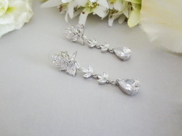 Thumbnail: CZ Leaf and  Teardrop Wedding Stud Post Dangle Earrings