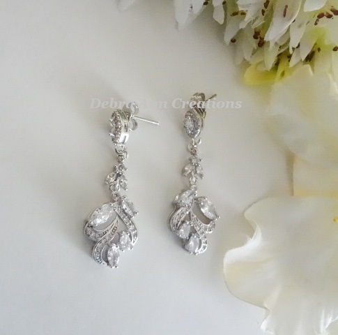 Thumbnail: Cubic Zirconia Crystal Leaf Wedding Earrings BRER4062