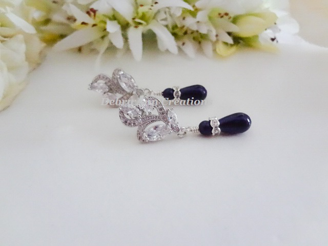 Thumbnail: Navy Blue Pearl and Crystal Marquise Drop Earrings BRER4050