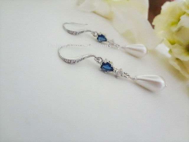 Thumbnail: Sapphire Cubic Zirconia and Pearl Teardrop Wedding Earrings BRER4072