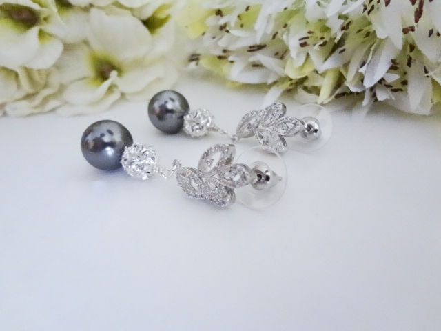 Grey round pearl and crystal pave bead earrings with cz leaf style earring posts