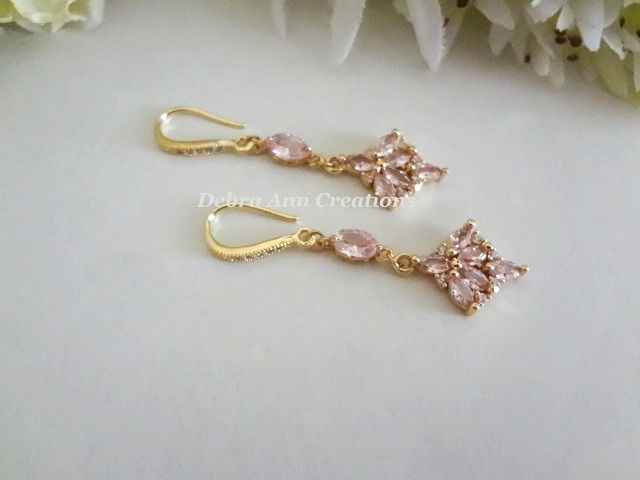 Thumbnail: Pink Cubic Zirconia Crystal Gold Dangle Wedding Earrings BRER4065