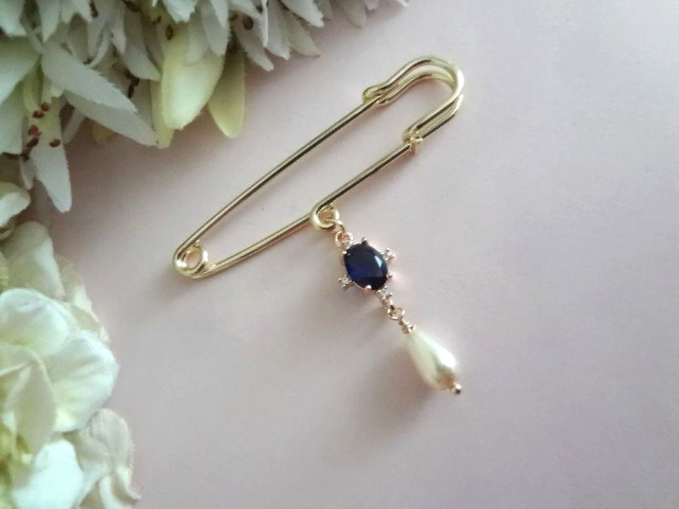 Thumbnail: Gold Bouquet Pin with Sapphire Crystal Oval and Pearl Teardrop Dangle