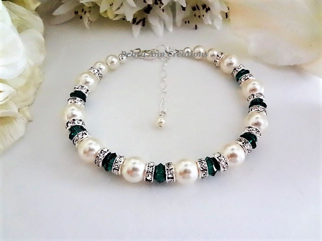 Thumbnail: Pearl and Emerald Crystal Clasp Wedding Bracelet BRPL3017