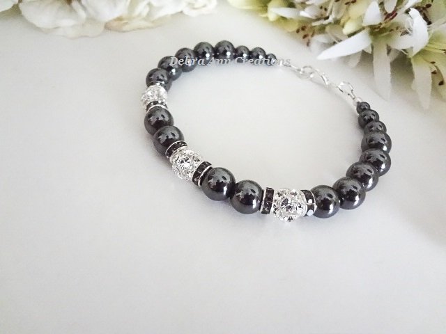 Thumbnail: Dark Grey Hematite and Crystal Formal Bracelet BRHEM3022