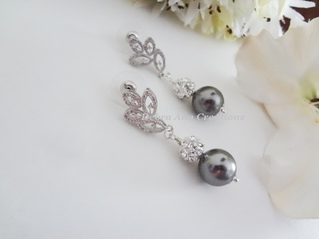 Thumbnail: Grey Pearl and Crystal Pave Formal Drop Earrings BRER4011