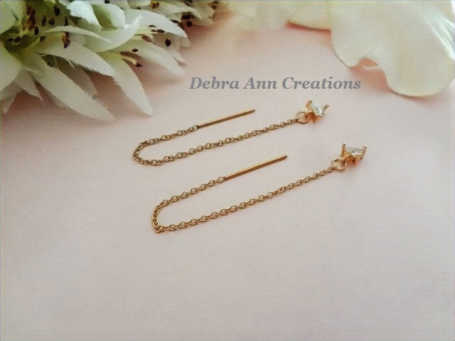 Thumbnail: Gold Threader Earrings with CZ Triangle Dangle
