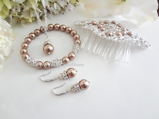 Thumbnail: Pearl and Crystal Pave Drop Necklace and Earrings Set BRNKST5006