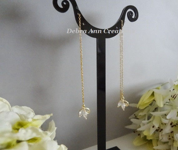 Thumbnail: CZ Leaf Threader Wedding Earrings BRER4082