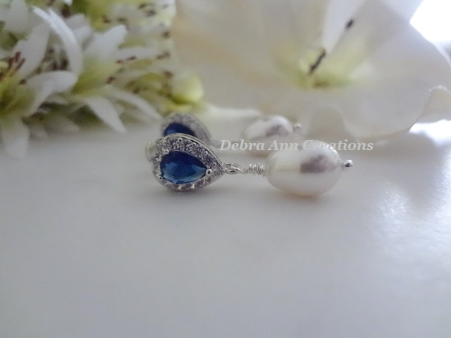 Thumbnail: Sapphire and Pearl Teardrop Wedding Earrings BRER4048