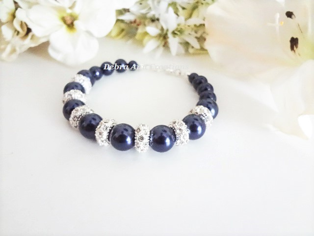 Thumbnail: Navy Blue Pearl and Crystal Pave Wedding Bracelet BRPL3005