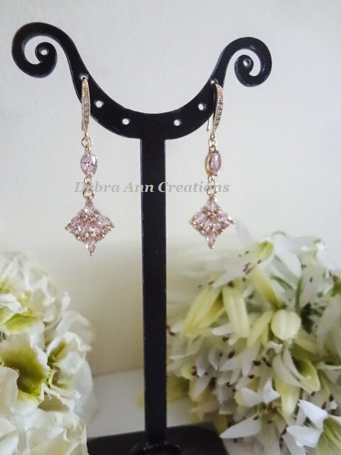 Thumbnail: Pink Cubic Zirconia Crystal Gold Dangle Wedding Earrings BRER4065