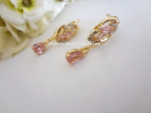 Thumbnail: Sold Out! Pink Teardrop Crystal and Gold Dangle Earrings BRER4066