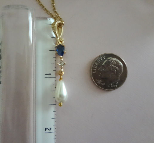 Thumbnail: Sapphire and Pearl Teardrop Pendant Necklace Drop Size View