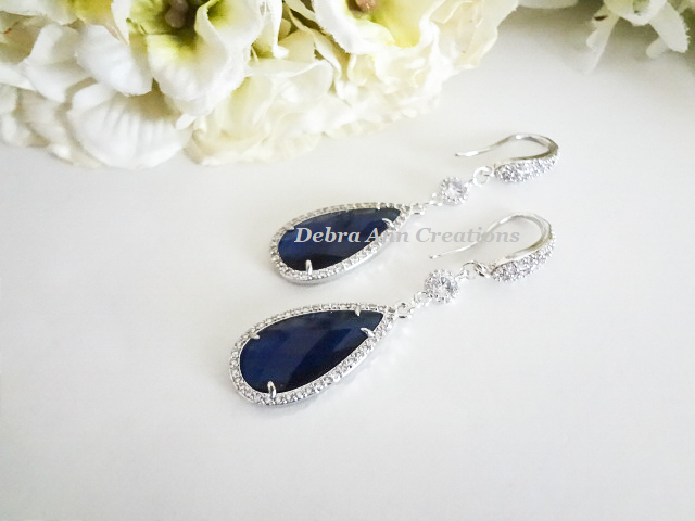 Thumbnail: Sapphire Cubic Zirconia Long Teardrop Micro Pave Bridal Earrings BRER4022