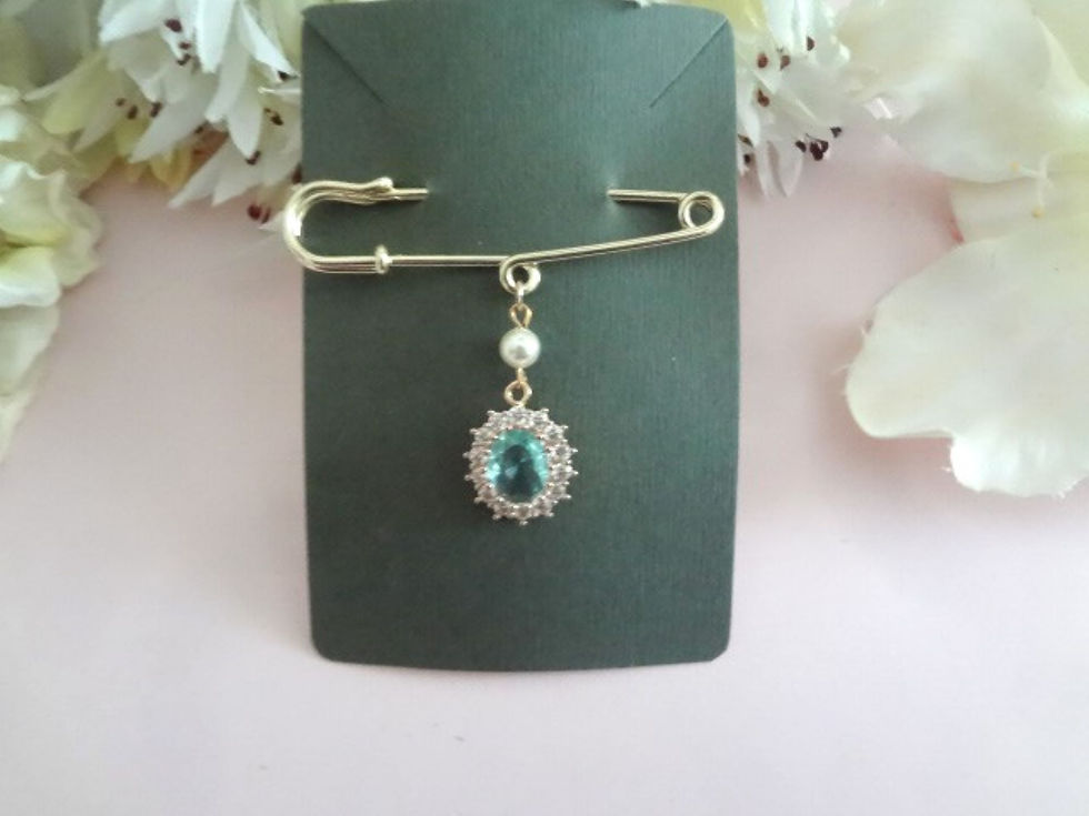 Thumbnail: Gold Bouquet Safety Pin with a Small Round Pearl and a Light Blue Oval Crystal Surround by Small CZ Clear Stones Dangle