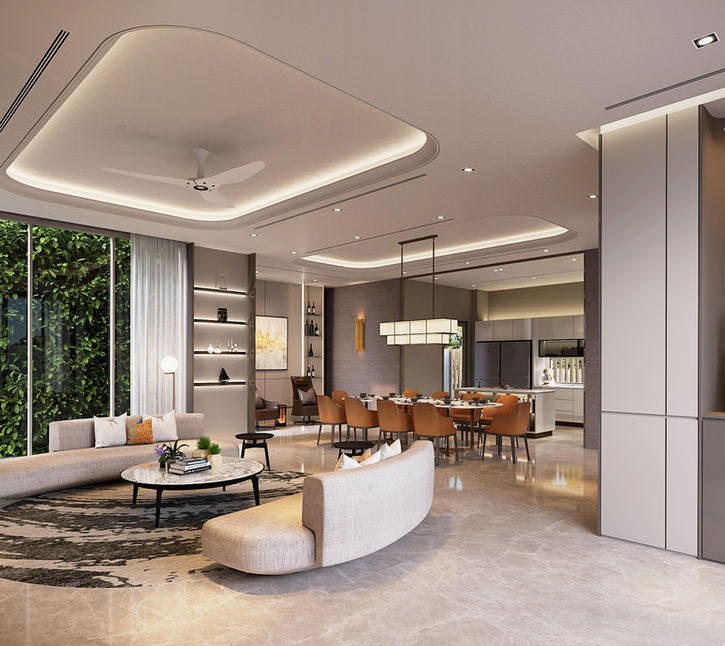 Luxury living space with curved sofas on a round rug.