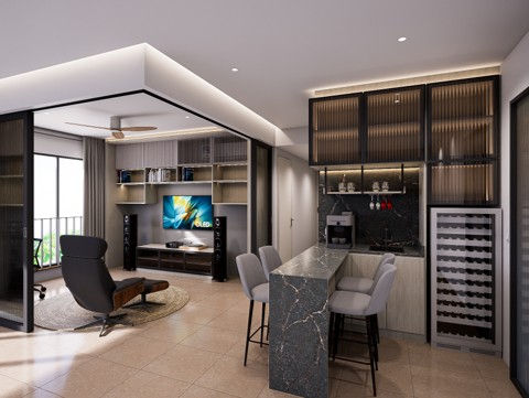 The mancave is connected to the living room, offering more flexibility.