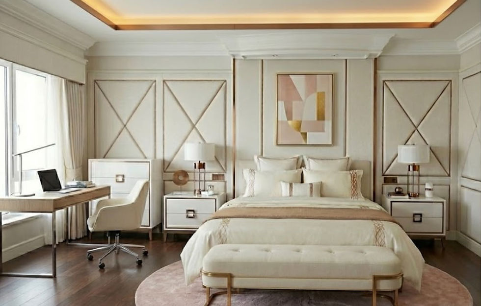 Existing feature walls can be refreshed with new fabrics to give the bedroom a bright and contemporary feel.