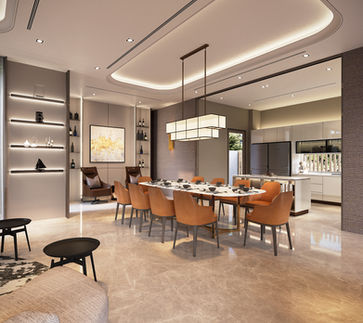 Luxury dining space with feature chandelier.