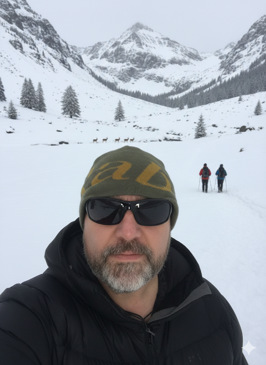 Portrait of a person in winter mountains
