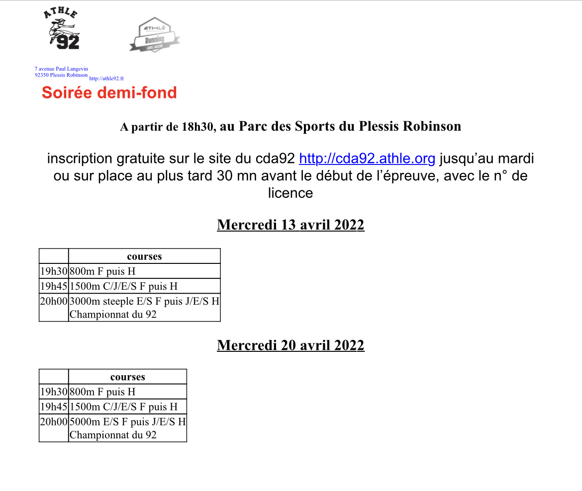 Championnat du 92 - 5000m le 20/04 au Plessis content media