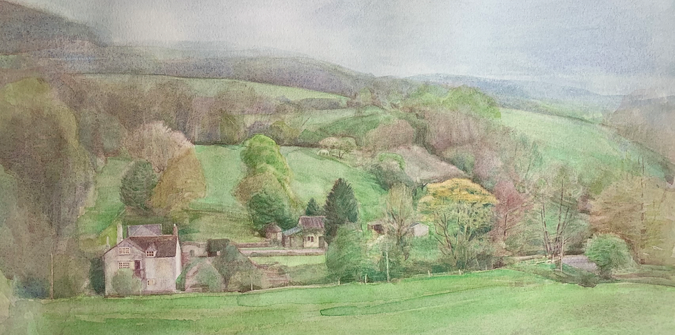 A watercolor landscape of lush green hills with a quaint farmhouse, trees, and distant rolling hills under a cloudy sky. Peaceful and serene.