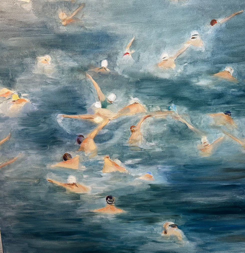 Swimmers in a choppy sea, wearing caps, and swimming in various directions. The scene is painted in soft blues and whites, creating a dynamic and lively mood.