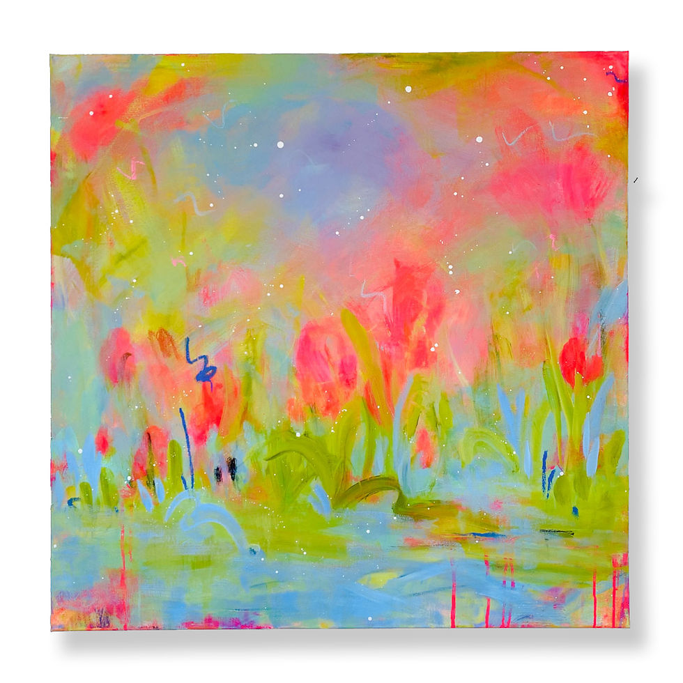 Abstract painting of vibrant pink and red flowers with green stems against a pastel blue and orange background, creating a dreamy mood.