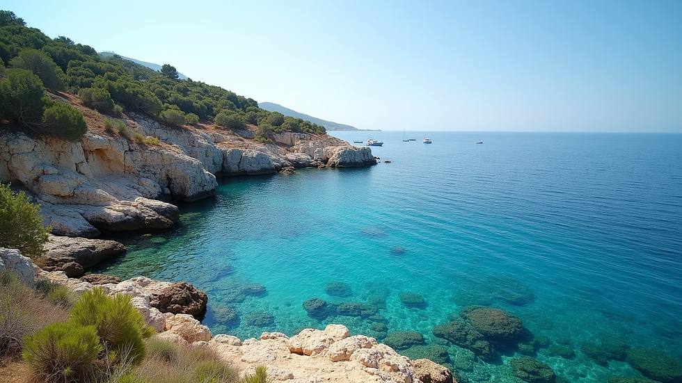 Vista panoramica dal mare di Cala Mosca con acque cristalline e scogliere