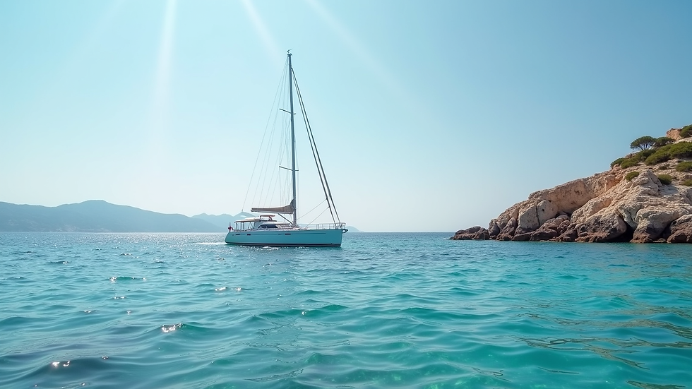 Barca a vela vista dal mare vicino a Cala Mosca con acque turchesi