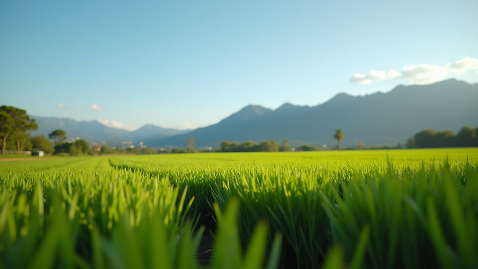 Wide angle view of green agricultural land with mountains in the background near Jaco