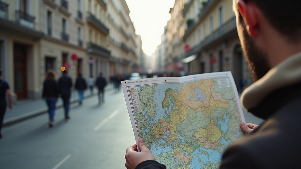 Eye-level view of a person exploring a new city with a map