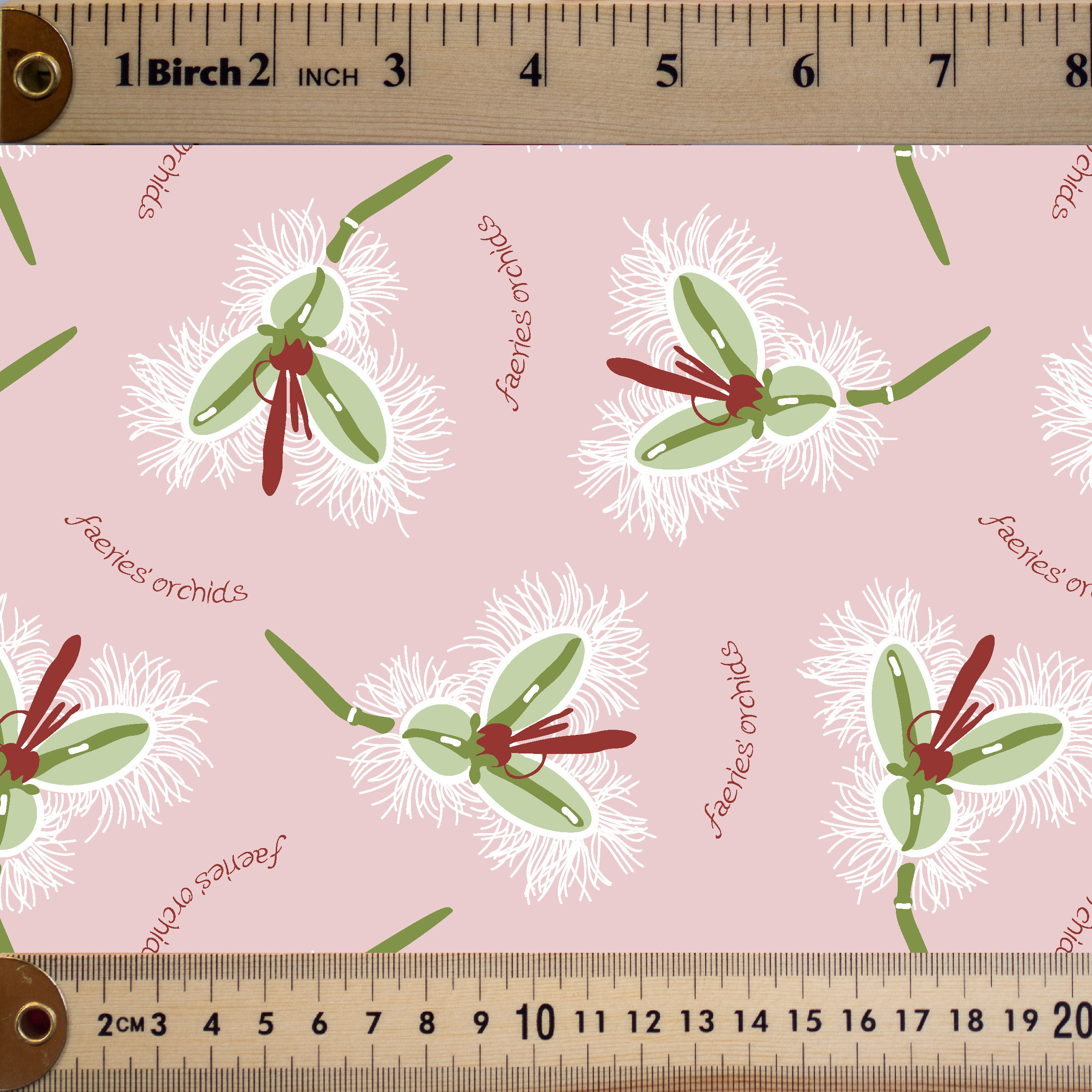 Green and Red Faery Orchids on Dusky Pink to scale