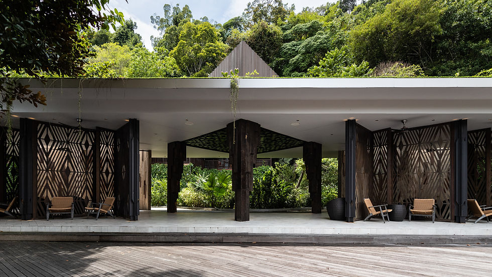 The drop-off point at Bunga Raya Island Resort, featuring a pavilion designed with Sabahan batik-inspired motifs, welcoming g