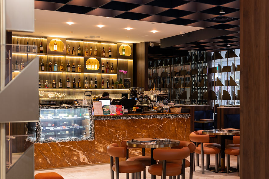 Seating and cashier counter design at TCC Great World, thoughtfully crafted by Aarticle.