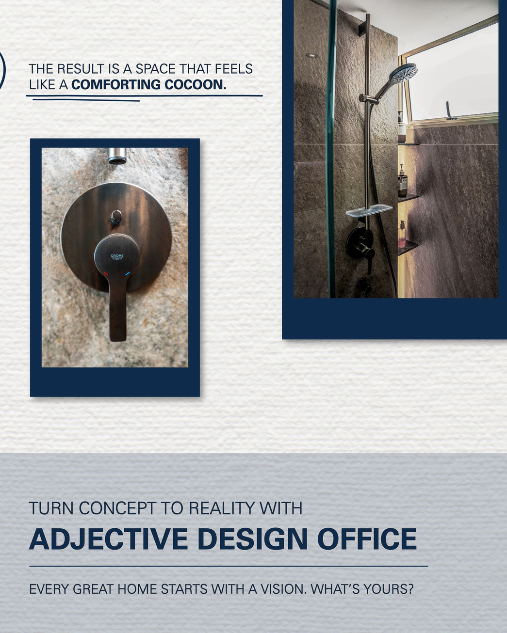 Kitchen and bath spaces designed by Adjective Design Office, where GROHE fixtures define timeless living with confidence.