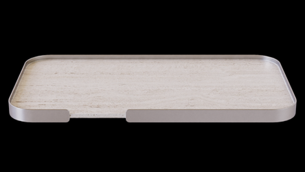 White marble rectangular tray with metallic edges on black background.
