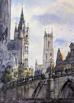 watercolor painting of the towers near the Michielshelling in Ghent. Aquarel van Gent.