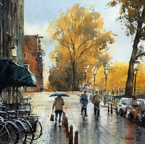Amsterdam canal in autumn watercolor. Prinsengracht in herfst aquarel.