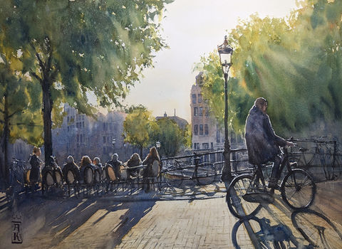 Realistic cityscape watercolor painting of a terrace in Amsterdam. Large green trees. Prinsengracht. Cyclist.