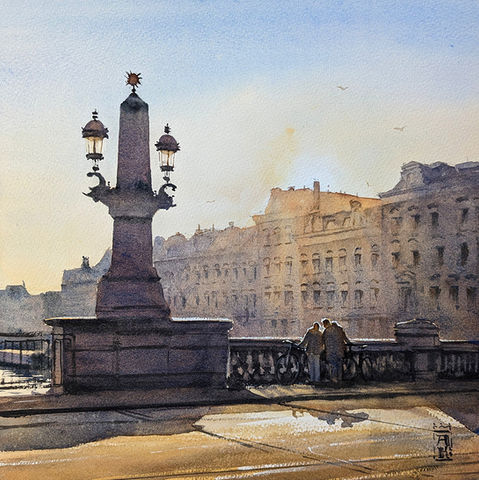 Realistic watercolor painting of a bridge in Amsterdam. Brug over de Amstel aquarel.
