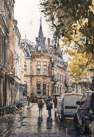 Realistic detailed watercolor cityscape painting of a street in Utrecht. Rainy day, old buildings, people walking with umbrellas.