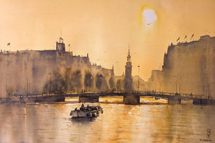 watercolor painting of Amstel river in Amsterdam. Bootje op de Amstel aquarel schilderij.