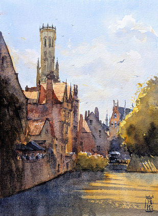 watercolor painting of the Dijver in Bruges, Belgium. Aquarel van Brugge.